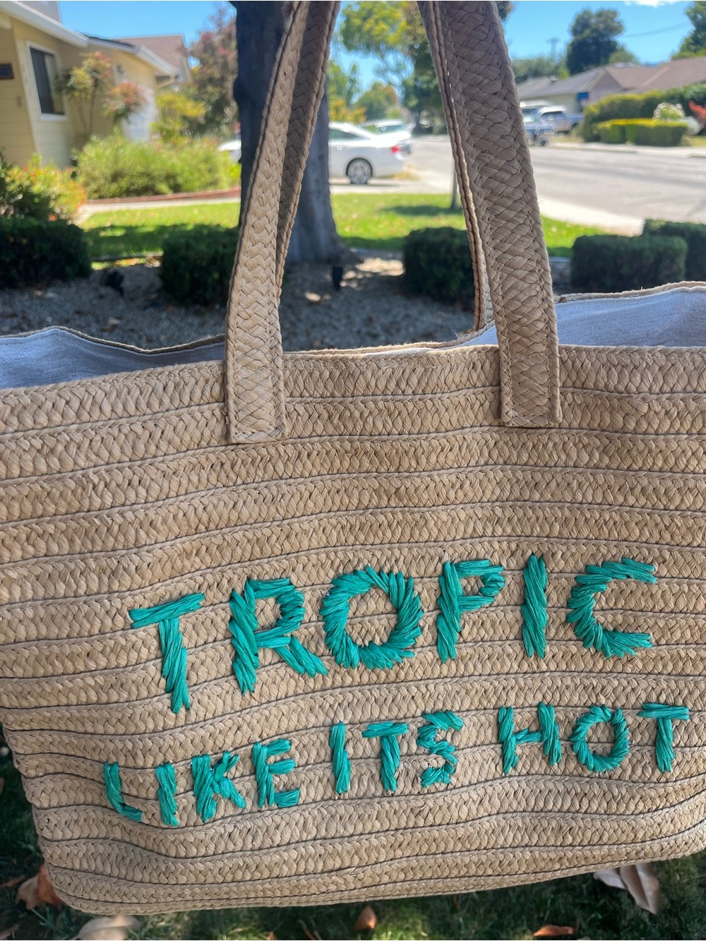 Tropic Straw Tote Bag – Neutral with Teal Embroidery